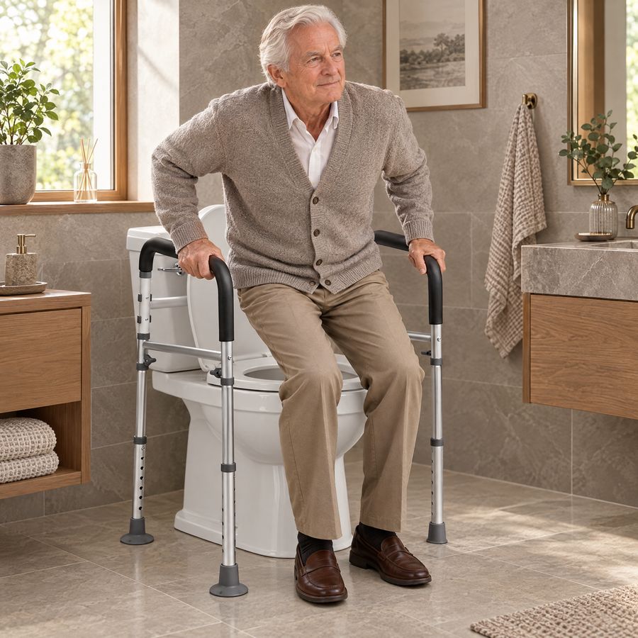 An older man rising from a seated position, steadying himself with both hands on padded armrests.